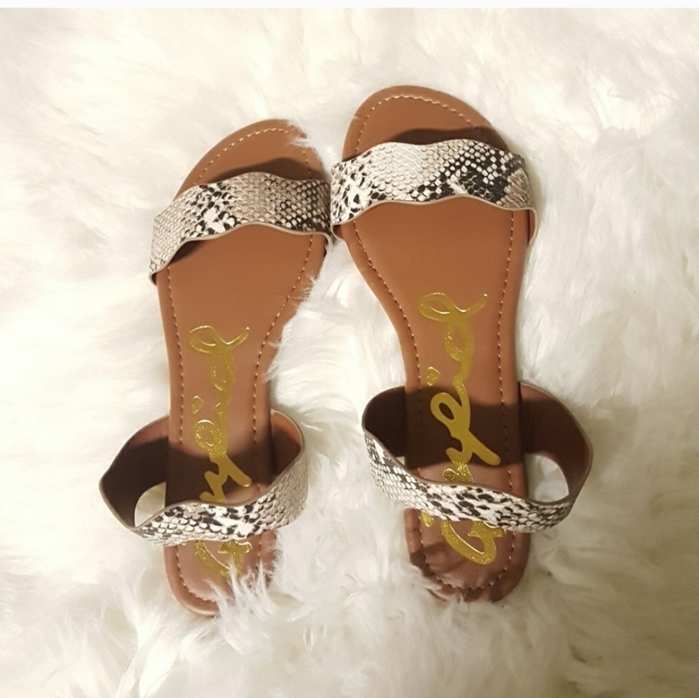 Qupid Tan Footbed Snake-Print Strap Slide Sandals